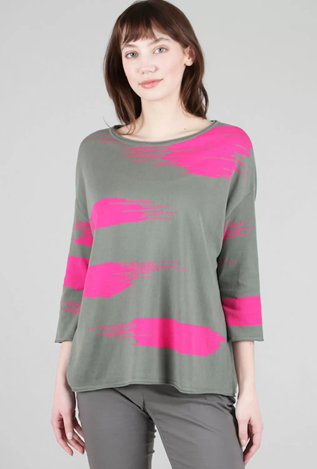 Fashion Evie Lou Abstract Summer Sweater, Olive/Fuchsia