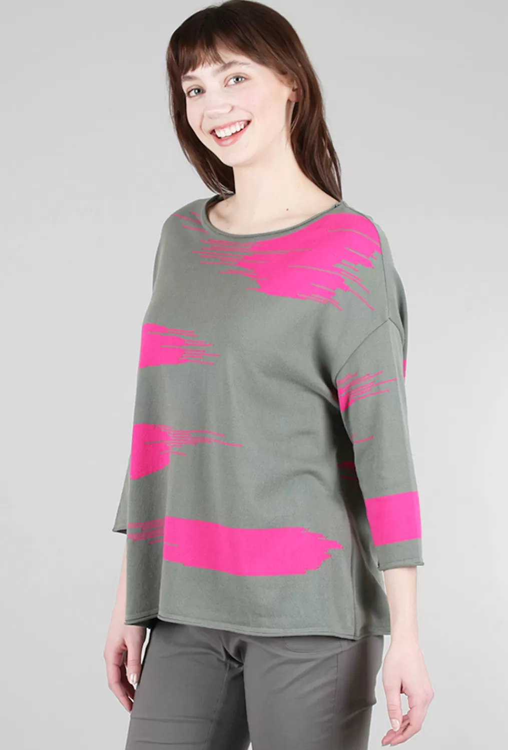 Fashion Evie Lou Abstract Summer Sweater, Olive/Fuchsia