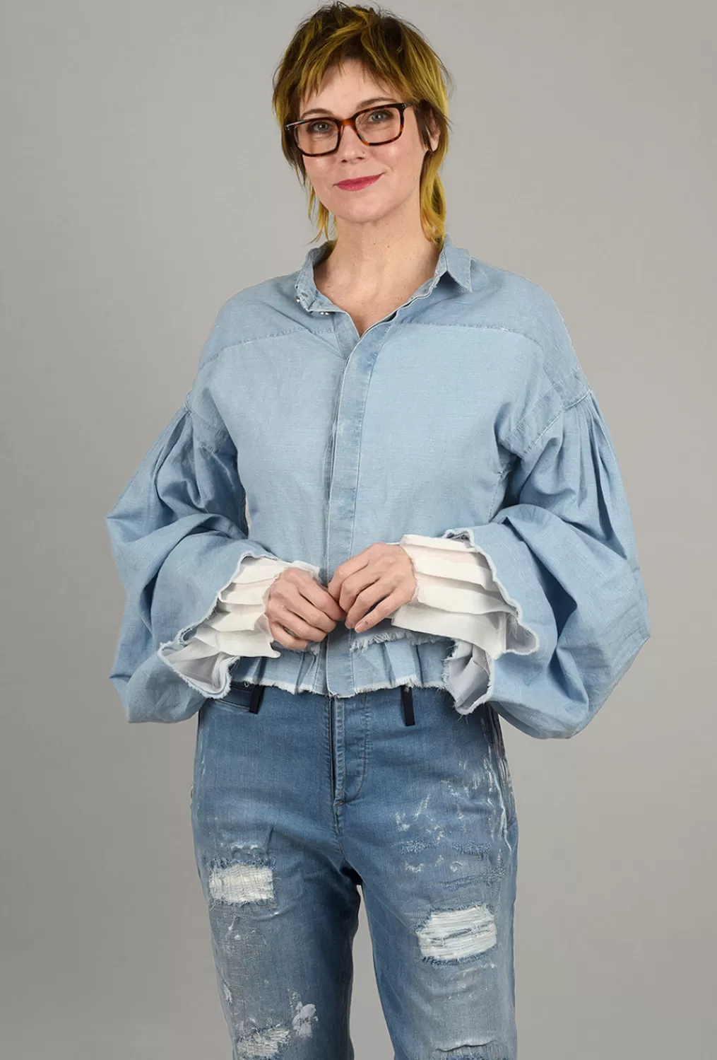 Hot Evie Lou Artful Extended-Sleeve Shirt, Light Blue