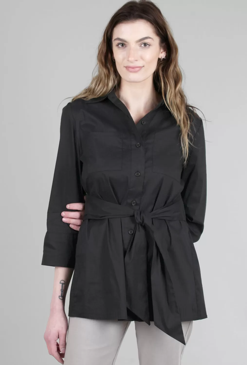 Flash Sale Evie Lou Belted Button-Up Blouse, Black