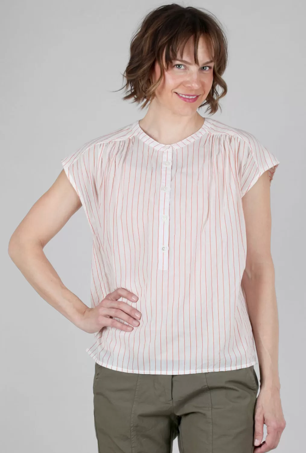 Shop Evie Lou Cap-Sleeve Stripe Shirred Top, White/Tangerine