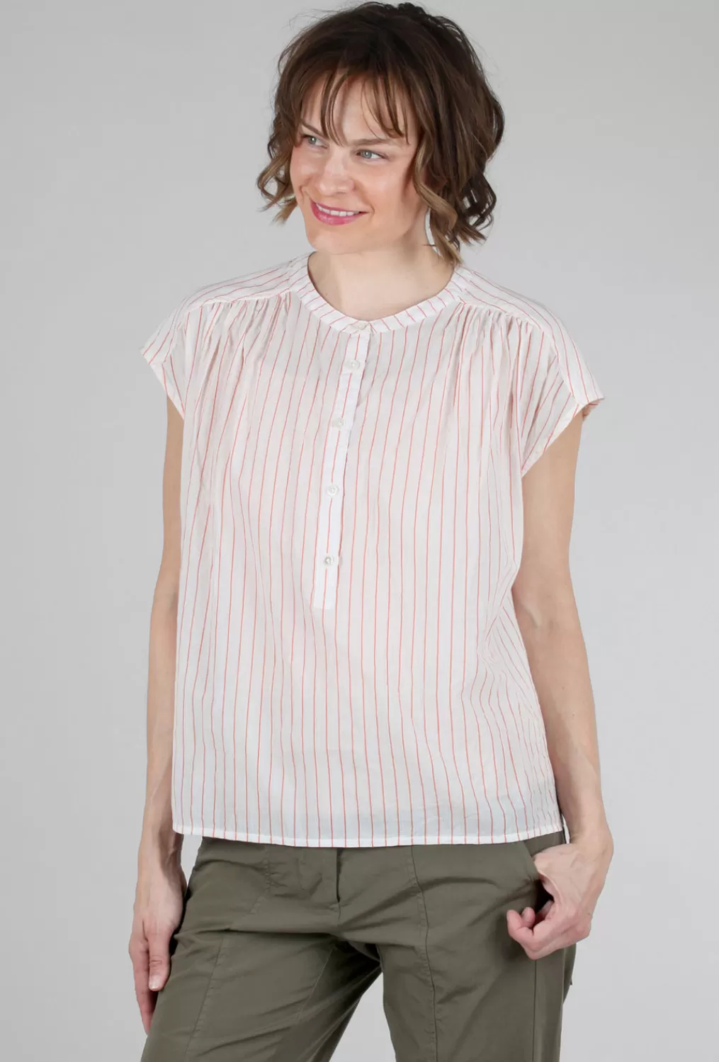 Shop Evie Lou Cap-Sleeve Stripe Shirred Top, White/Tangerine