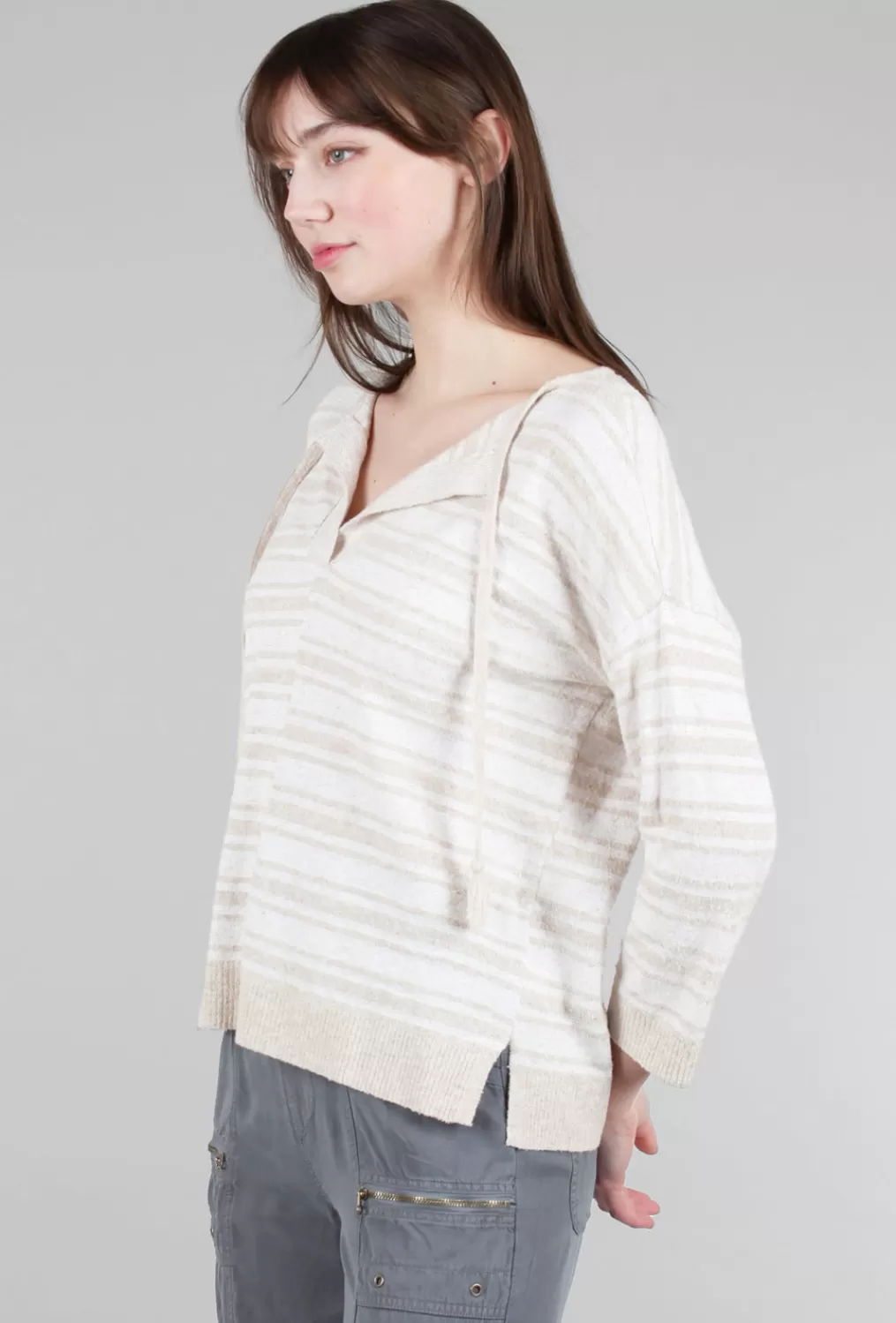 Flash Sale Evie Lou Easy Split-Neck Sweater, Flax Stripe