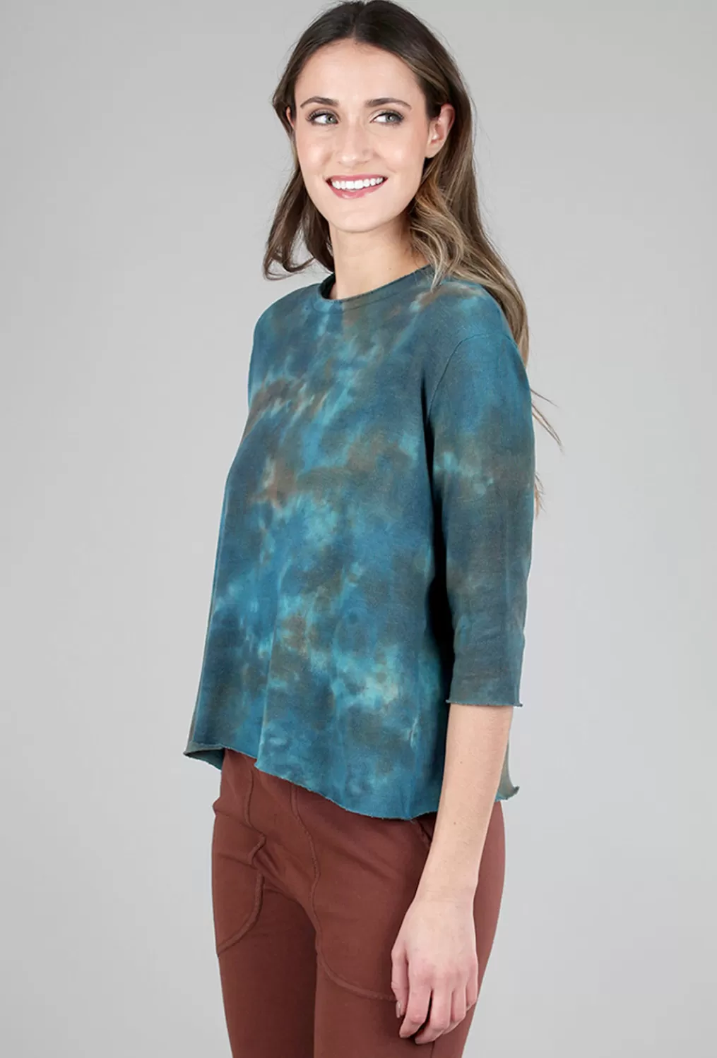 New Evie Lou Elbow Softy Smoosh Dye Pullover, Turq/Khaki