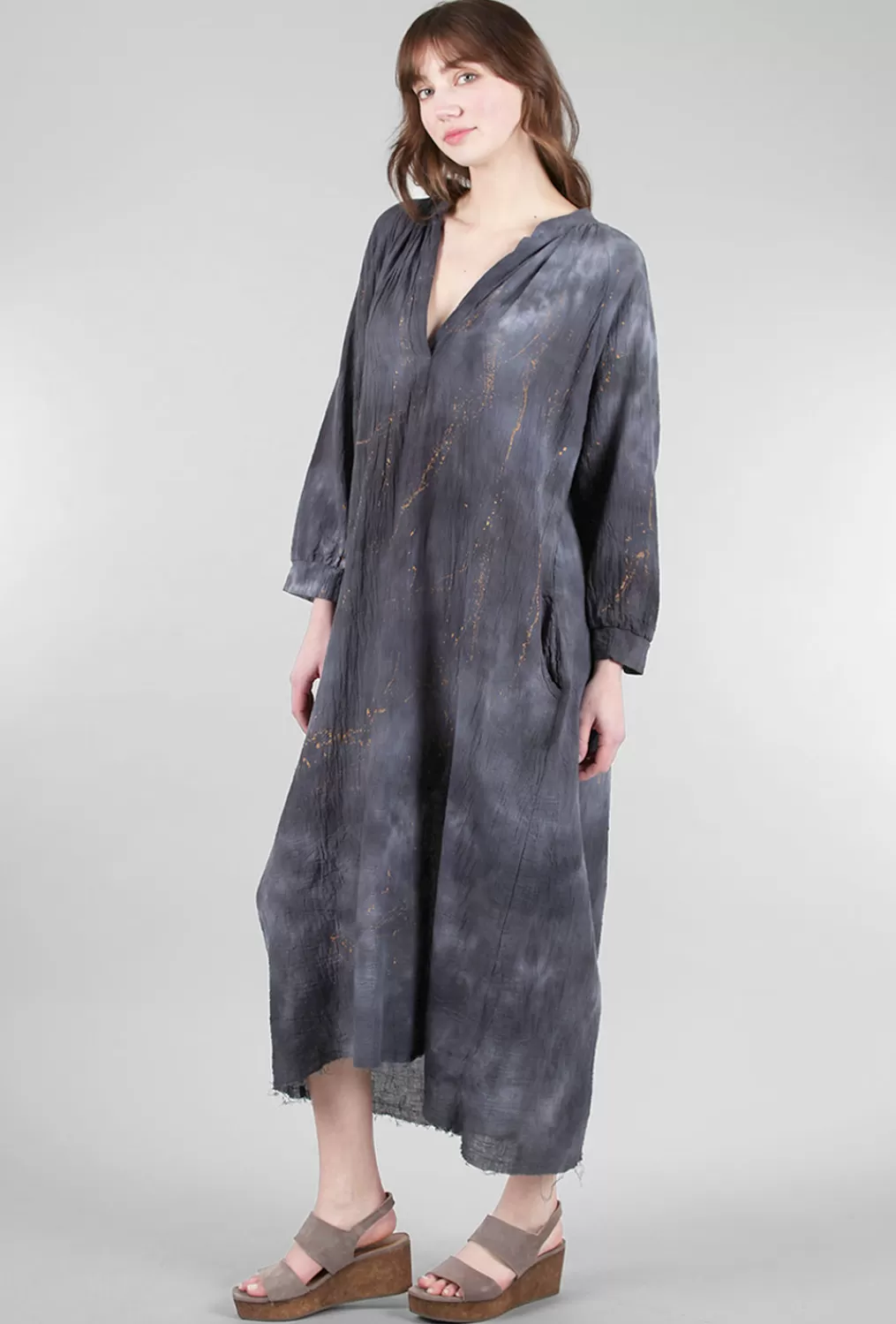 Fashion Evie Lou Gauze Peasant Maxi Dress, Blue/Gold Splatter