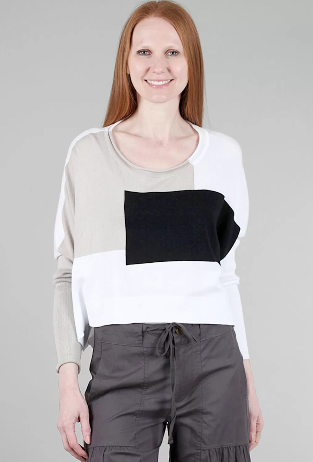 Discount Evie Lou Geometric Crop Sweater, White/Putty/Black