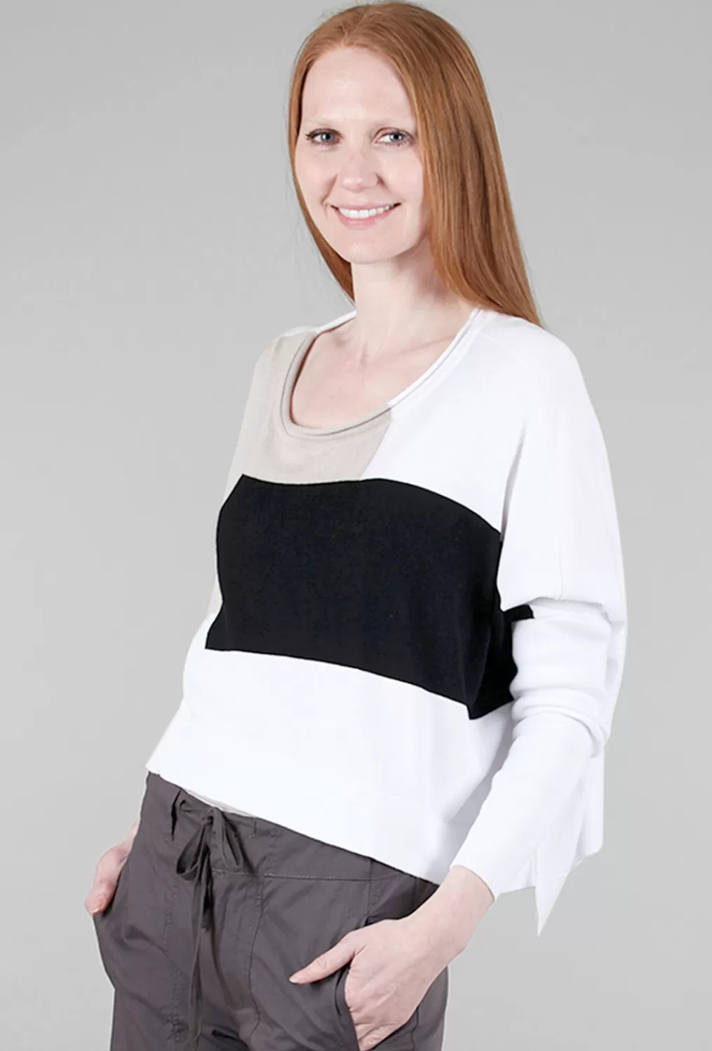 Discount Evie Lou Geometric Crop Sweater, White/Putty/Black