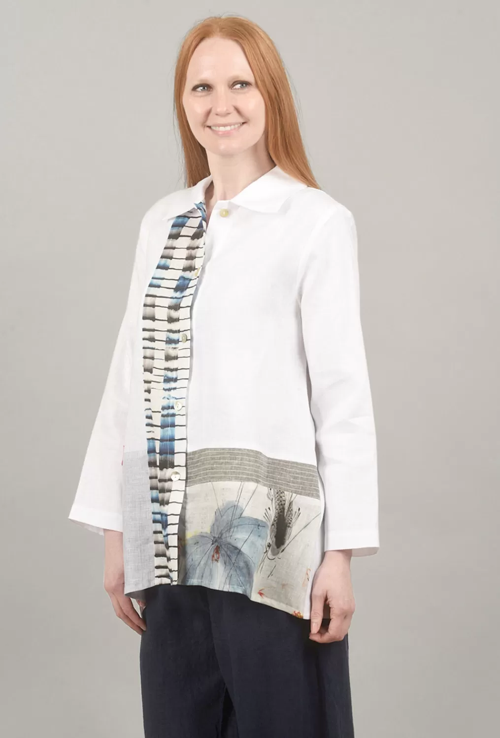 Fashion Evie Lou Graphic Mix Linen Shirt, White/Blue