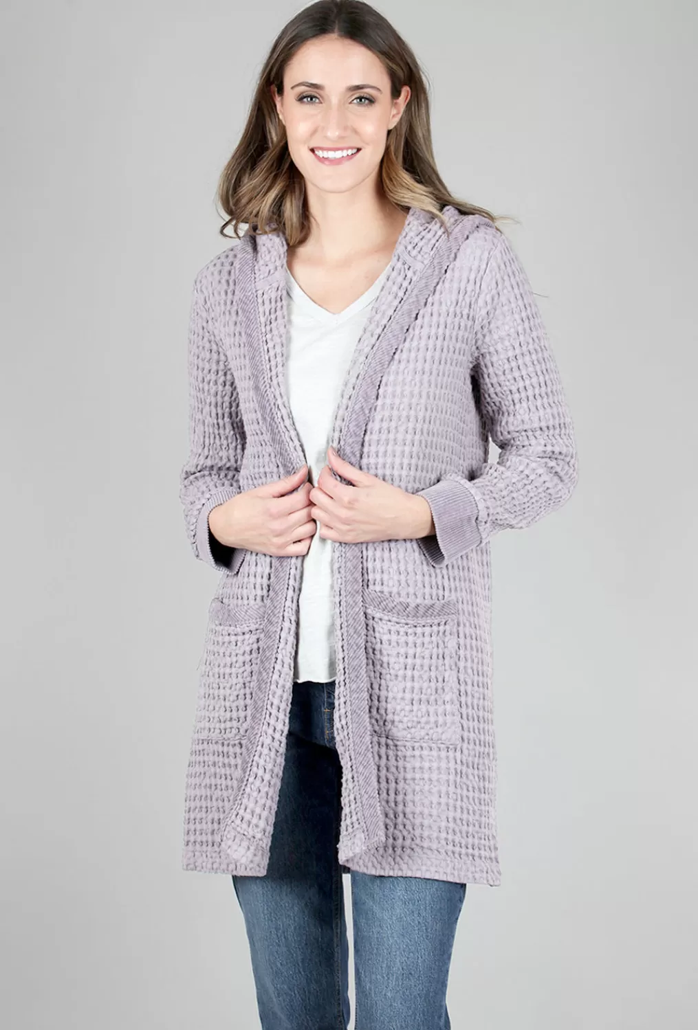 Clearance Evie Lou Hooded Waffle Cardie, Driftwood Gray