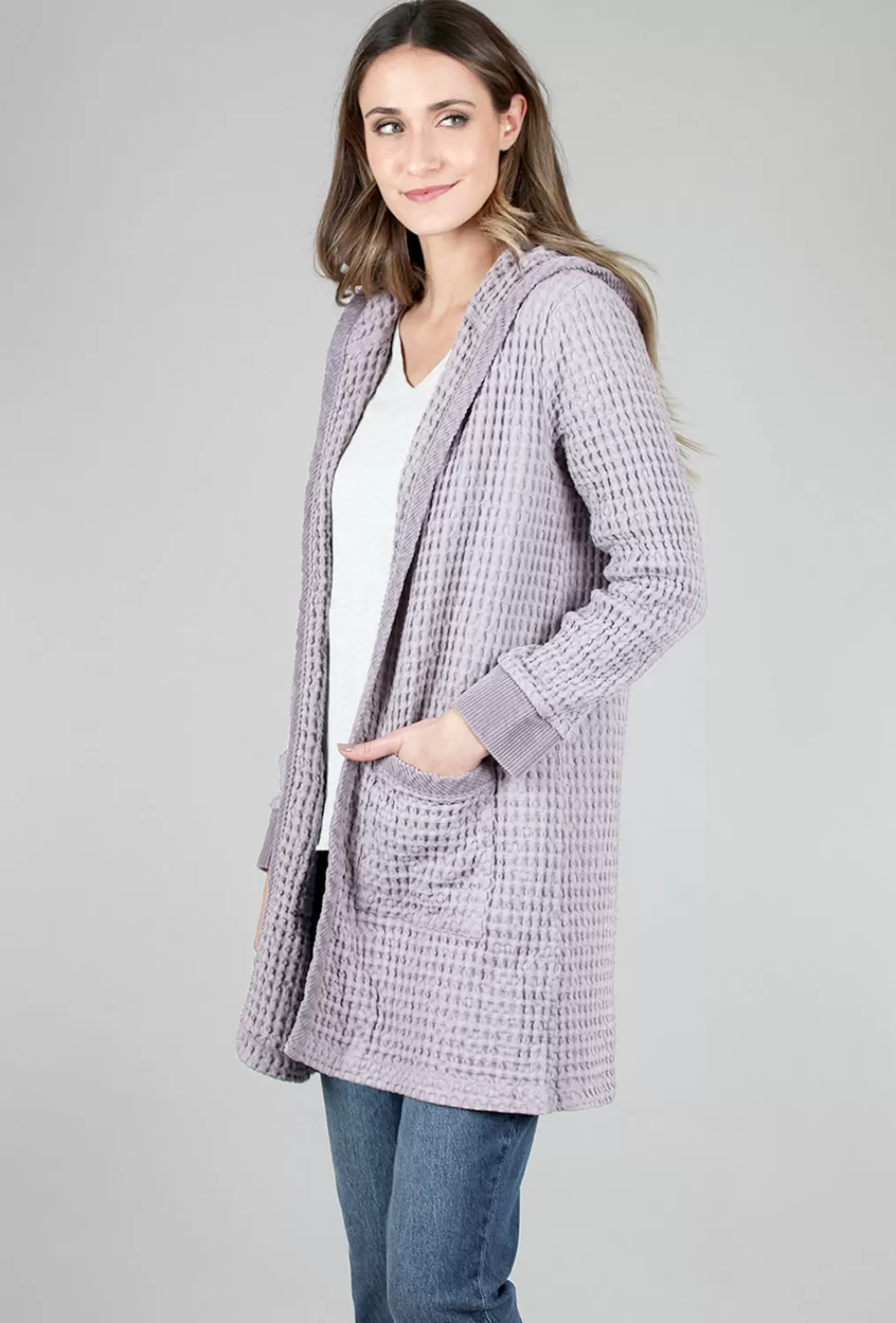 Clearance Evie Lou Hooded Waffle Cardie, Driftwood Gray