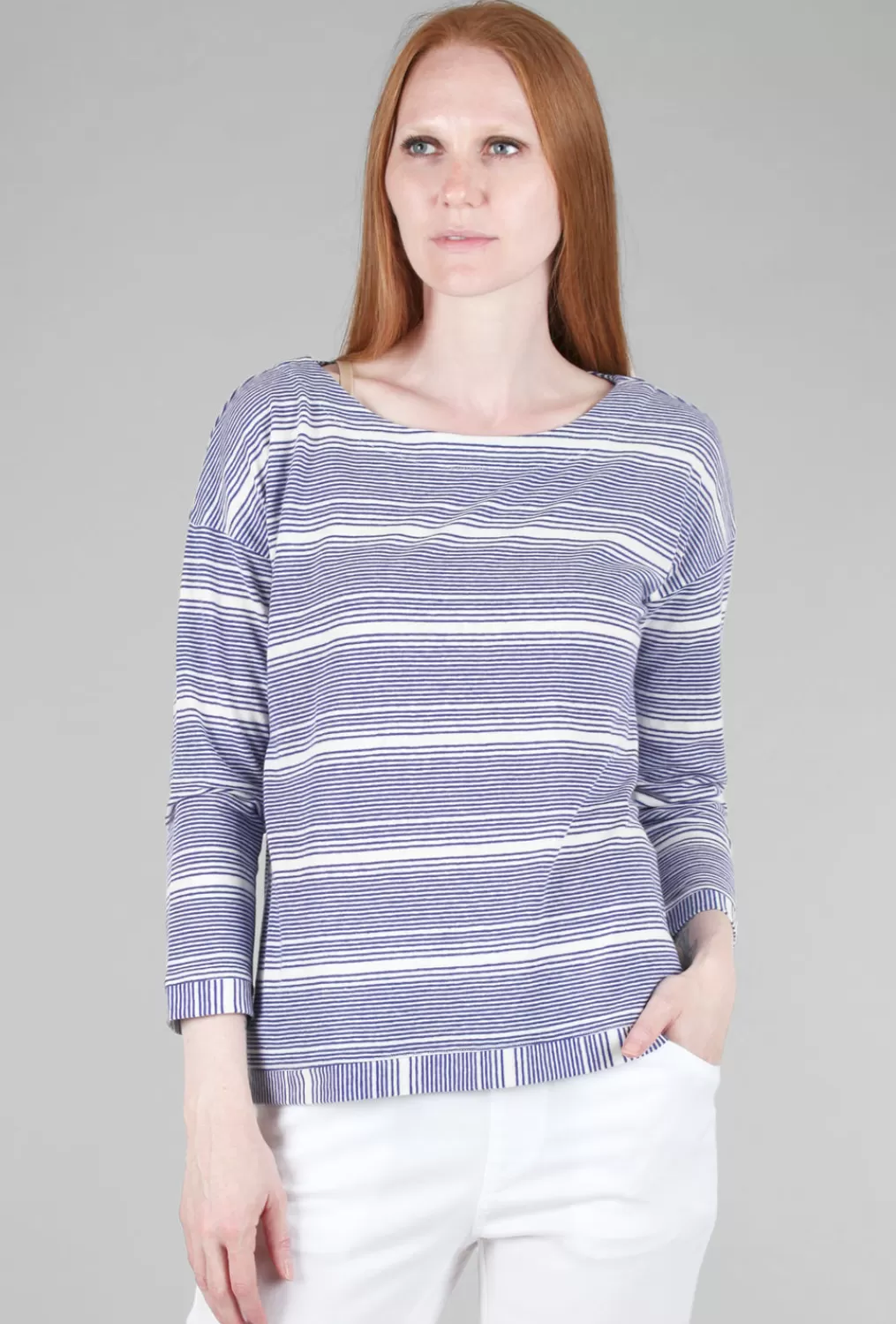 Best Sale Evie Lou Linen Knit Stripe Boatneck Tee, Royal