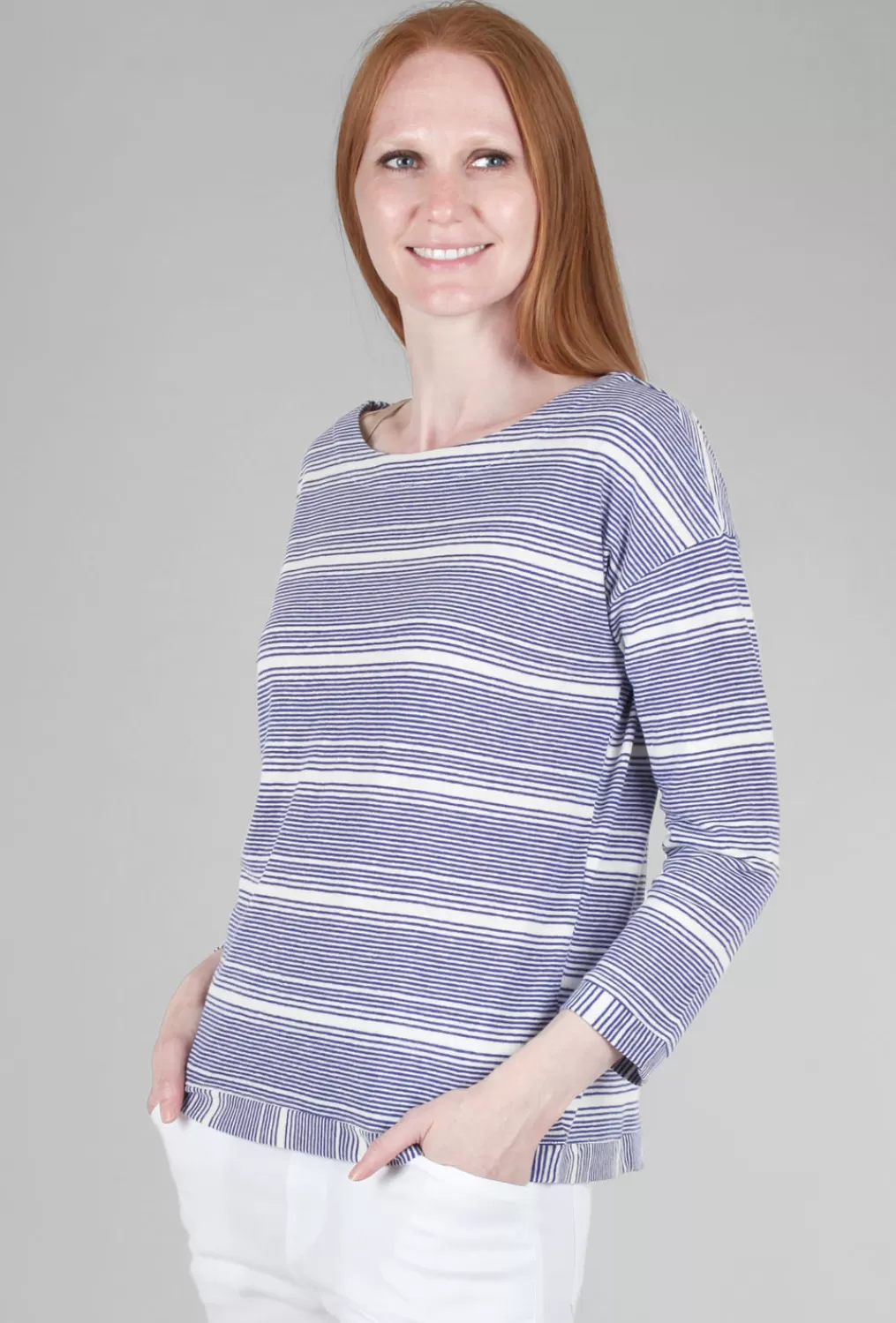 Best Sale Evie Lou Linen Knit Stripe Boatneck Tee, Royal