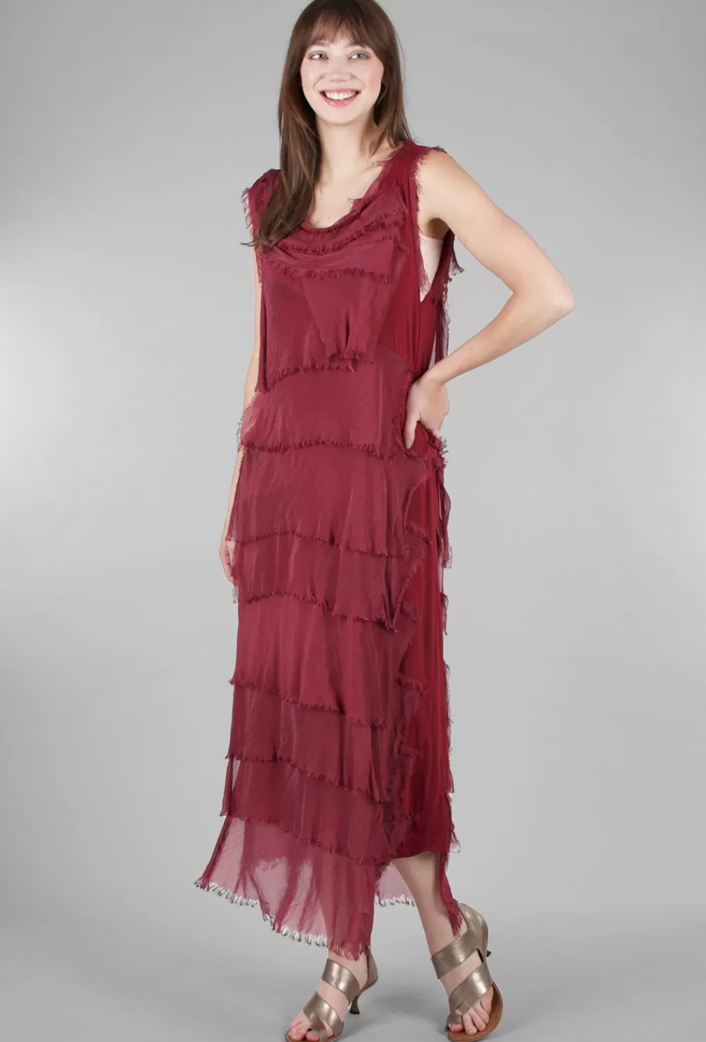 Store Evie Lou Long Tattered Tiers Dress, Wine