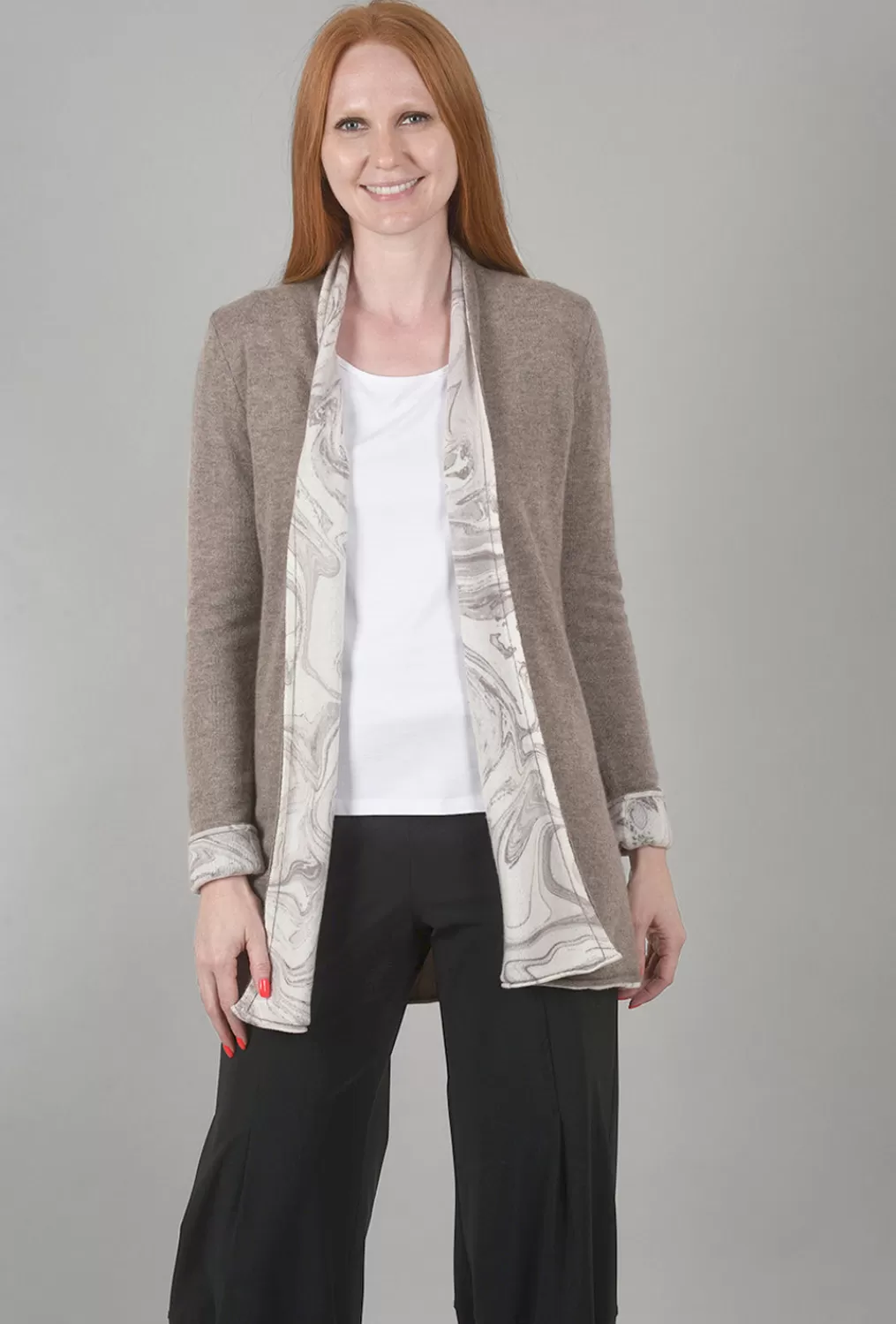 Store Evie Lou Marble Reversible Cashmere Cardie, Taupe