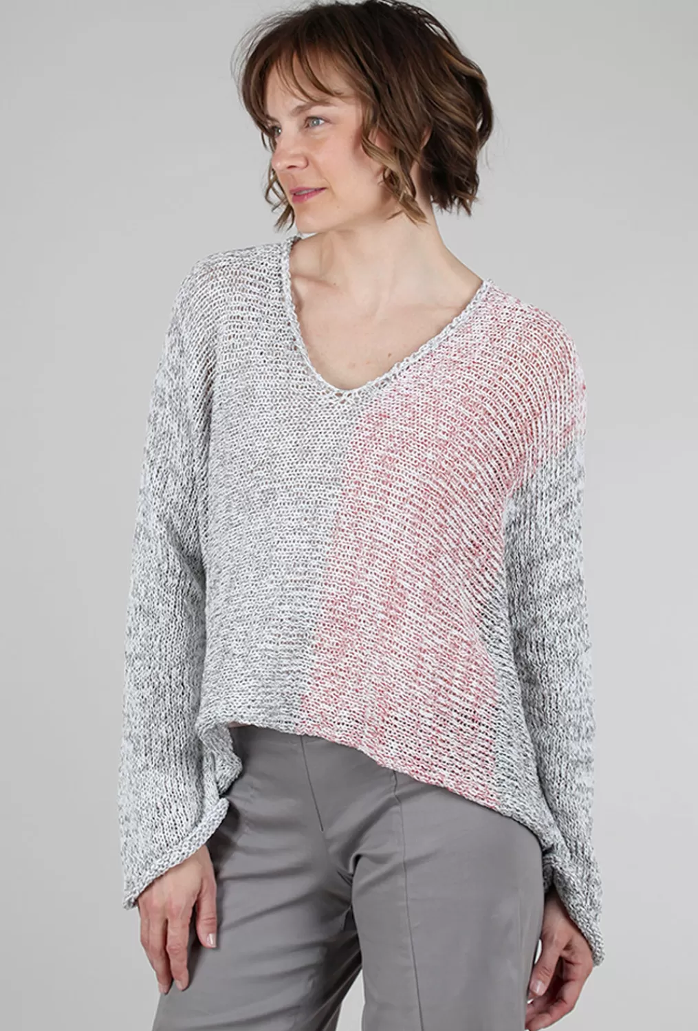 New Evie Lou Mixed Knits Vee Pullover, Gray/Red Mix