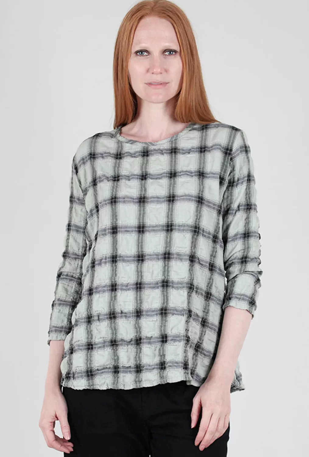 Outlet Evie Lou Pucker Plaid A-Line Top, Salvia