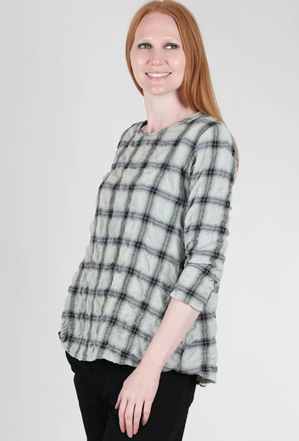 Outlet Evie Lou Pucker Plaid A-Line Top, Salvia