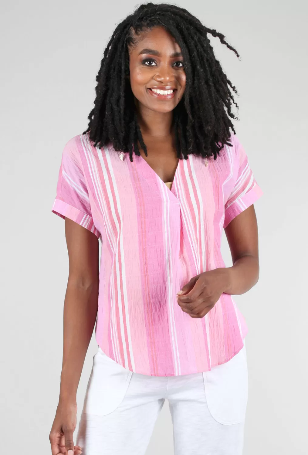 Store Evie Lou Resort Stripe Easy Shirt, Guava