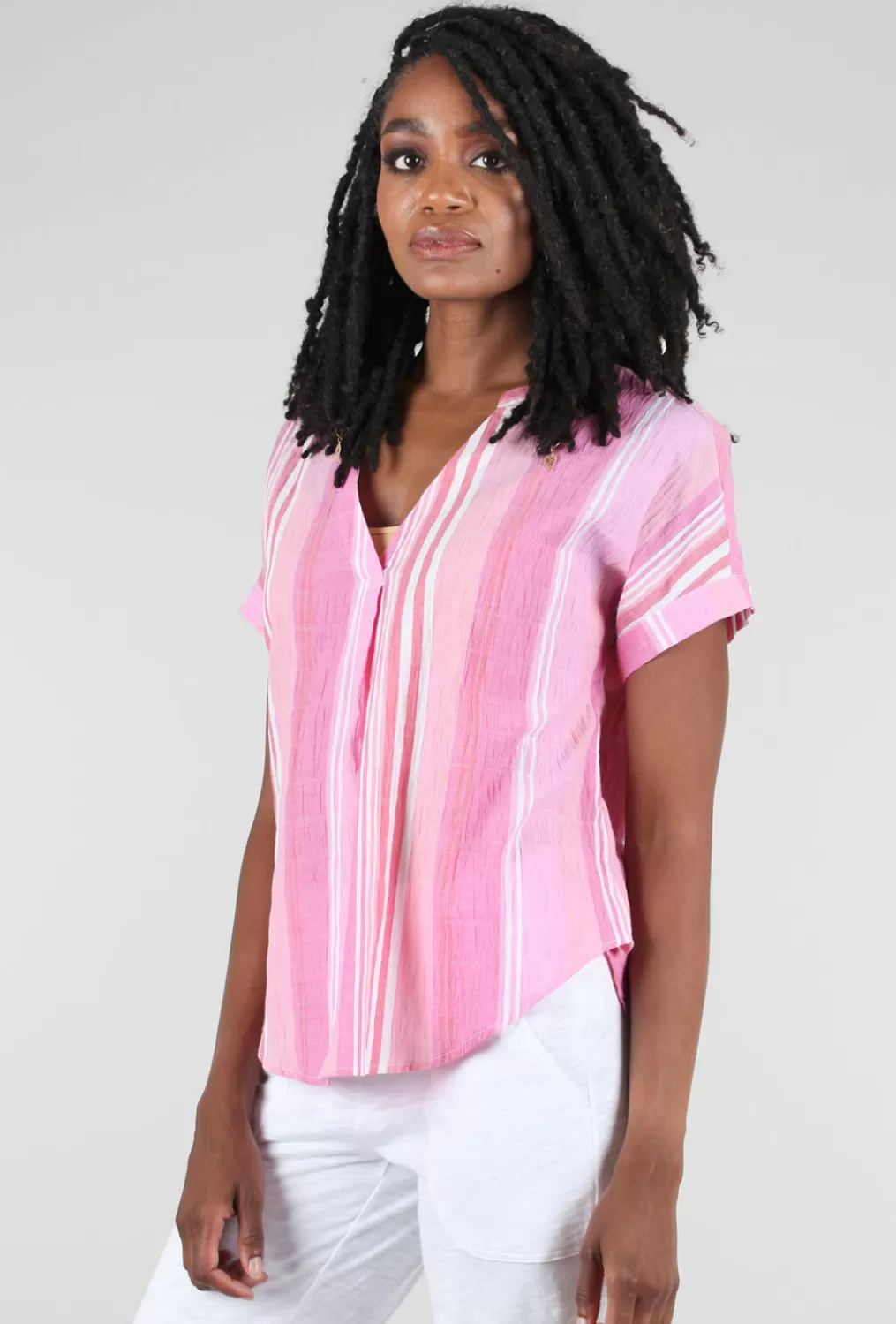 Store Evie Lou Resort Stripe Easy Shirt, Guava