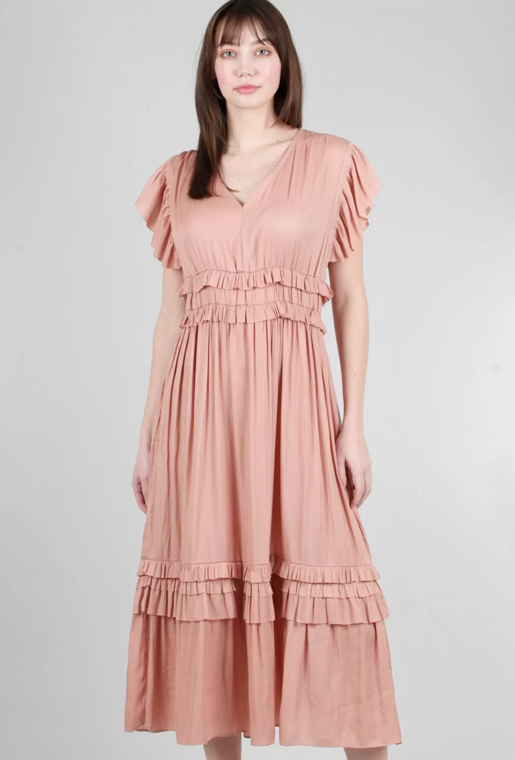 Online Evie Lou Ruffled Sateen V-Neck Dress, Blossom Pink