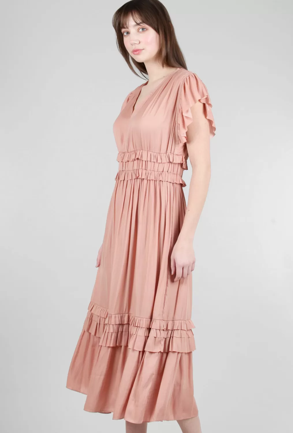 Online Evie Lou Ruffled Sateen V-Neck Dress, Blossom Pink