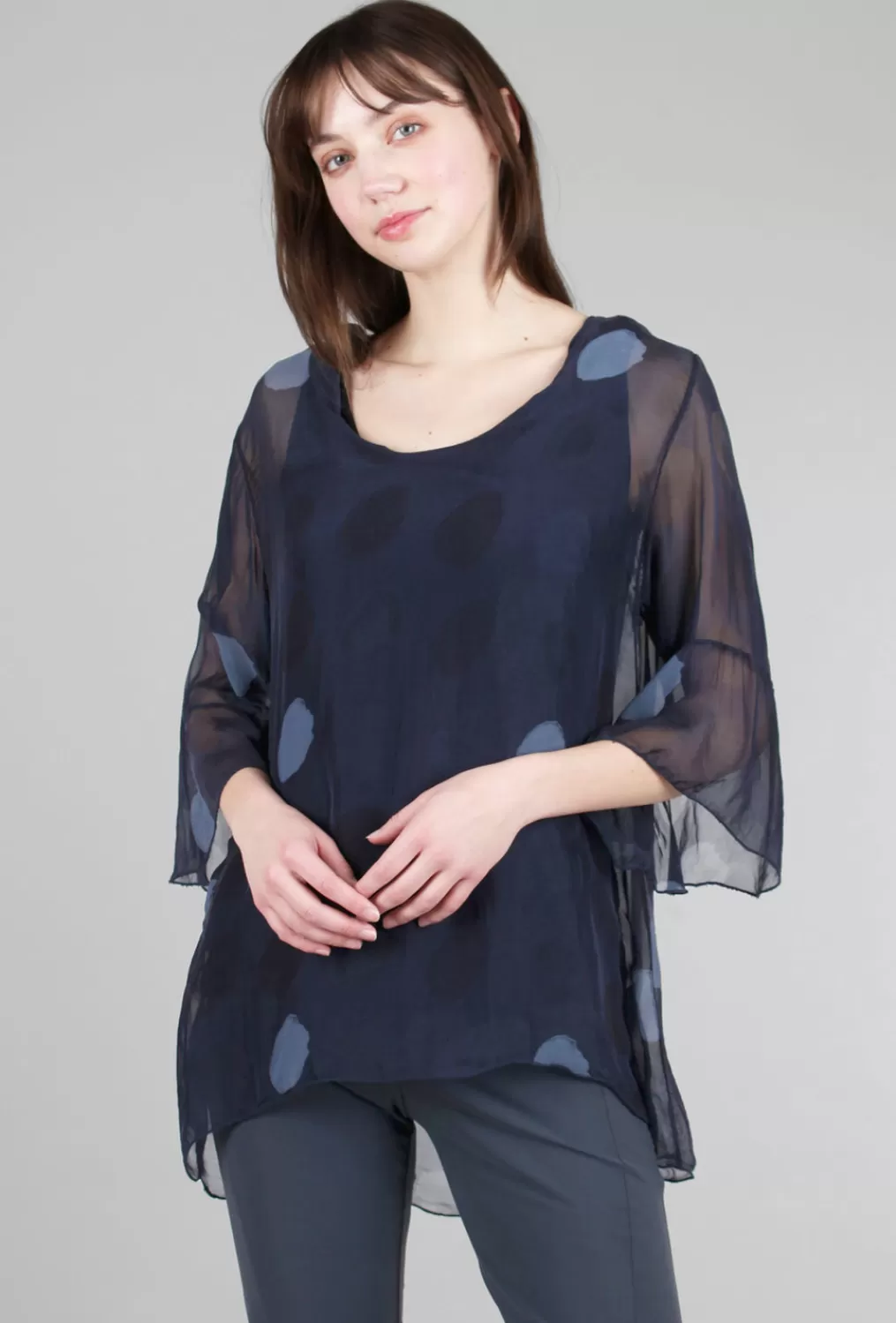 New Evie Lou Silky Dot Cocoon Top, Navy