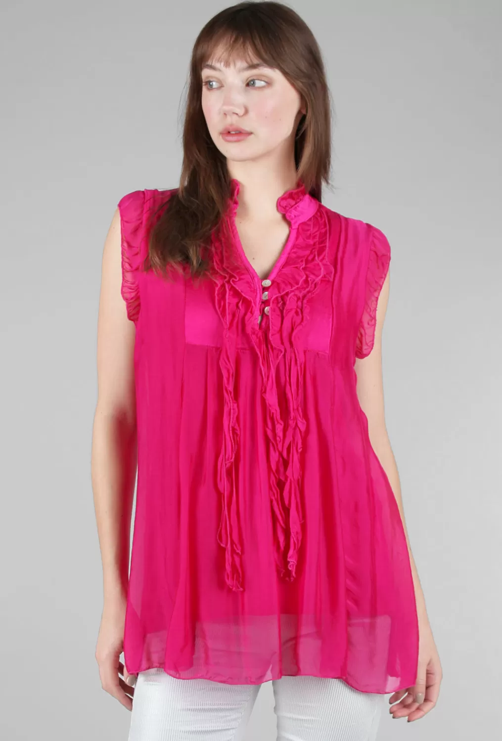 Flash Sale Evie Lou Silky Ruffle Placket Top, Fuchsia