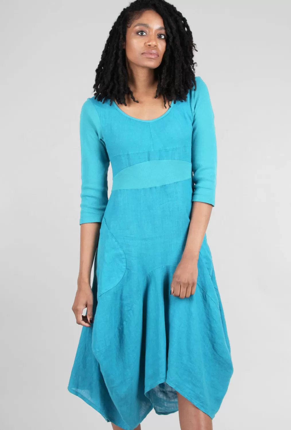 New Evie Lou 3/4-Sleeve Rib Inset Dress, Caribbean Blue