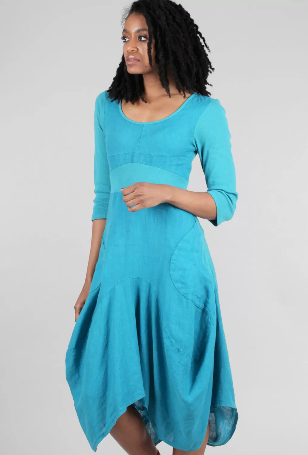 New Evie Lou 3/4-Sleeve Rib Inset Dress, Caribbean Blue