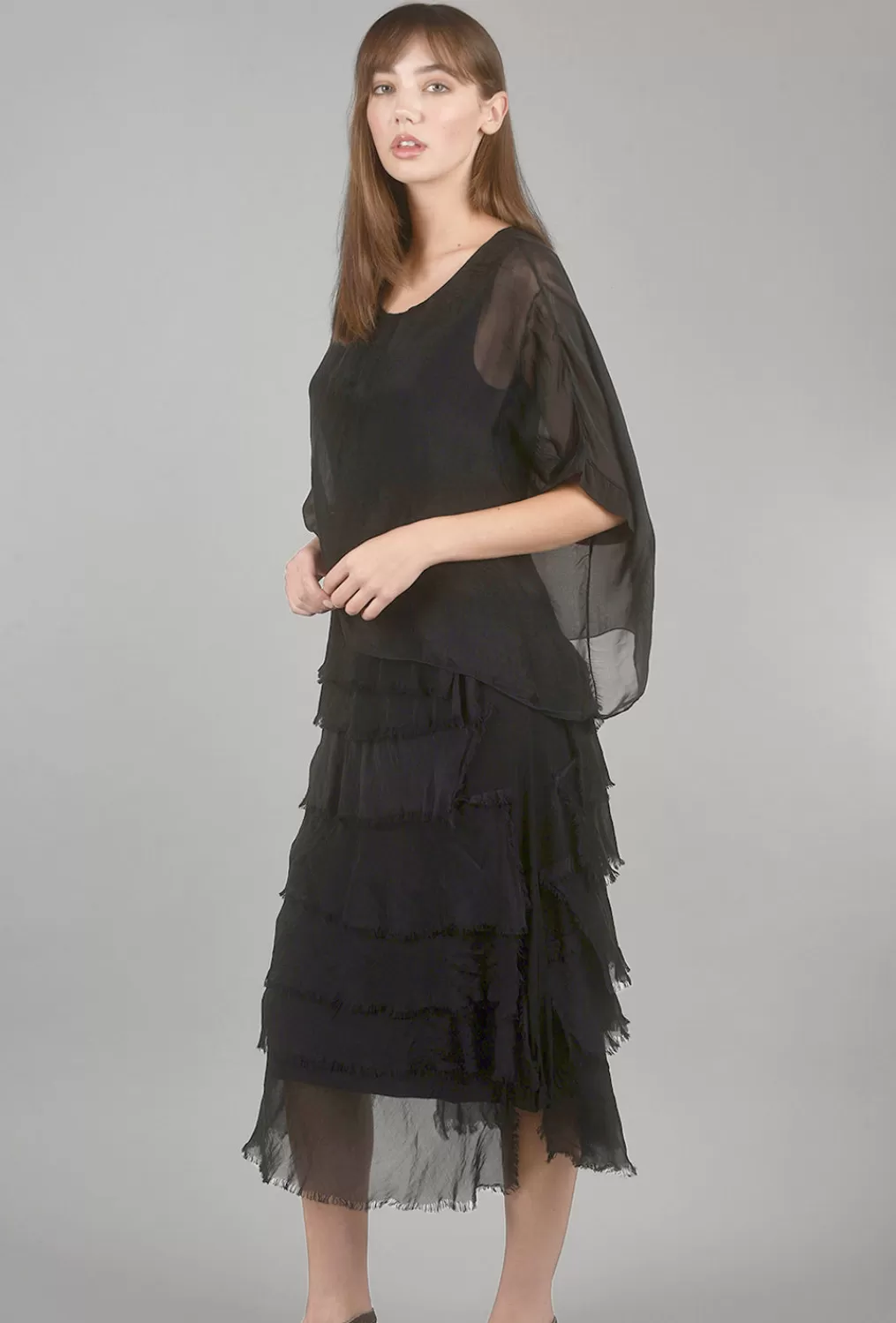 Sale Evie Lou Sleeved Tattered-Tiers Dress, Black