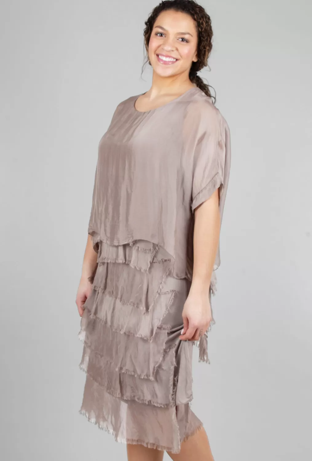 Store Evie Lou Sleeved Tattered-Tiers Dress, Taupe