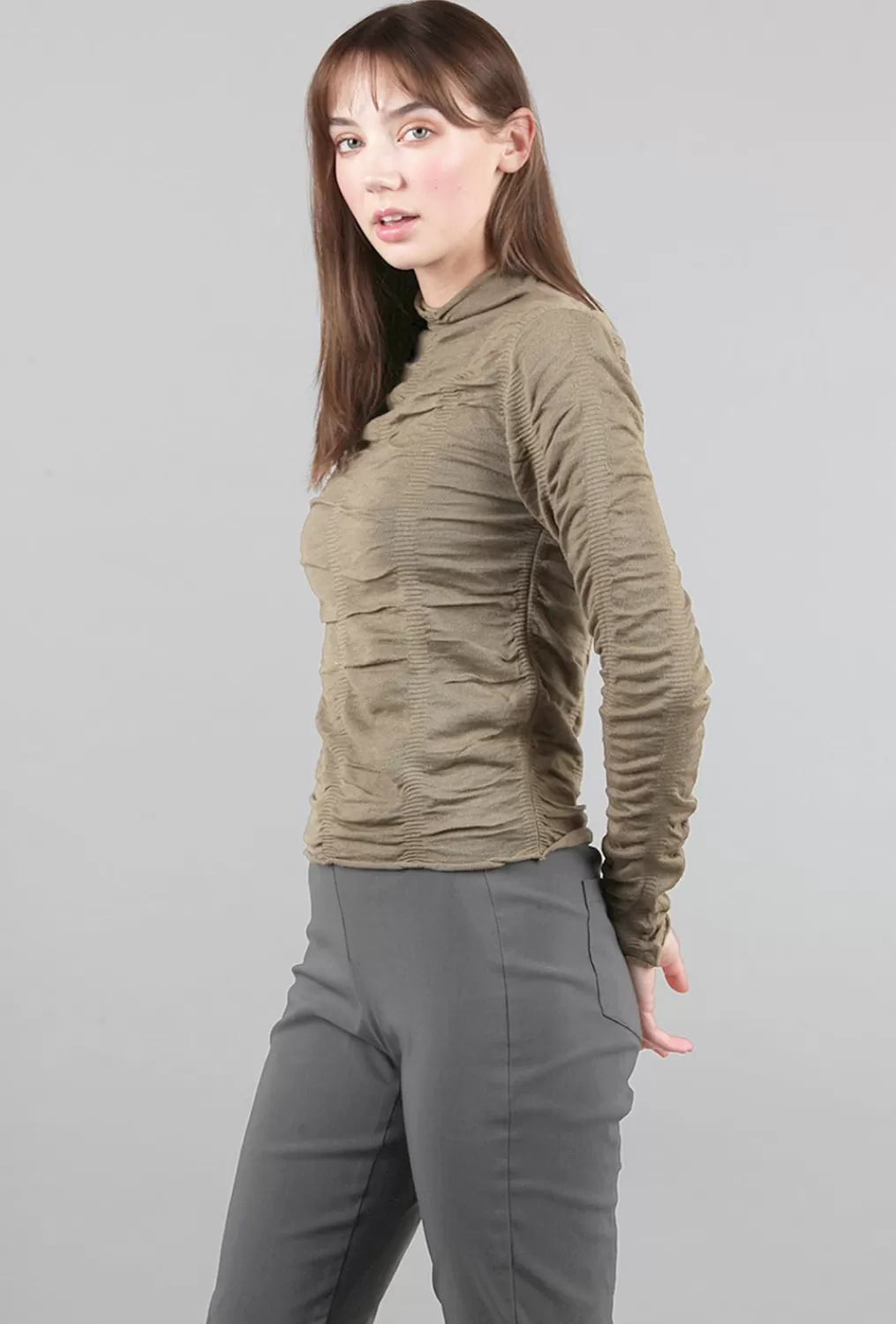 Cheap Evie Lou Slim Ruched Mock Pullover, Olive