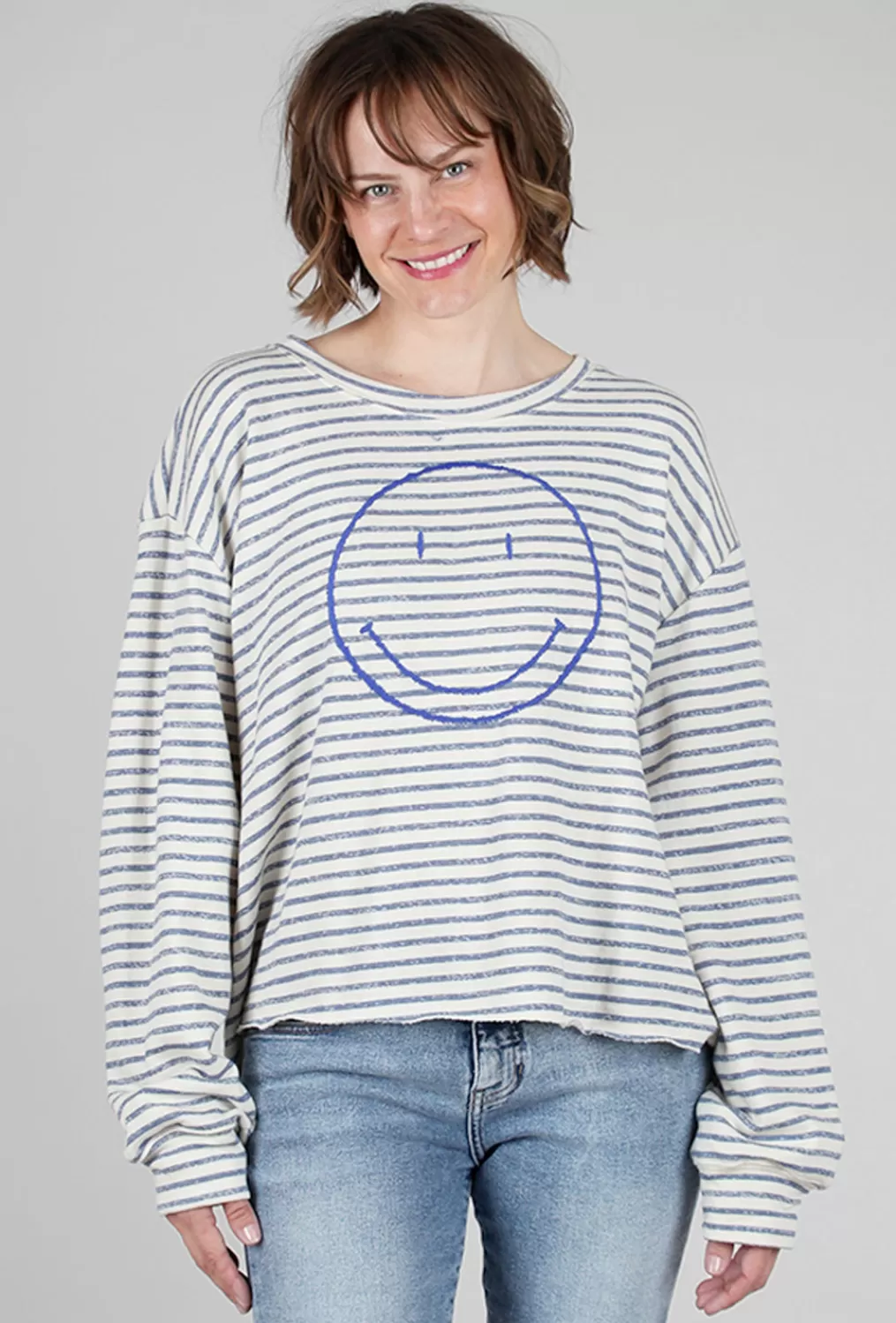 Clearance Evie Lou Smiley Stripe Sweatshirt, Ivory/Denim