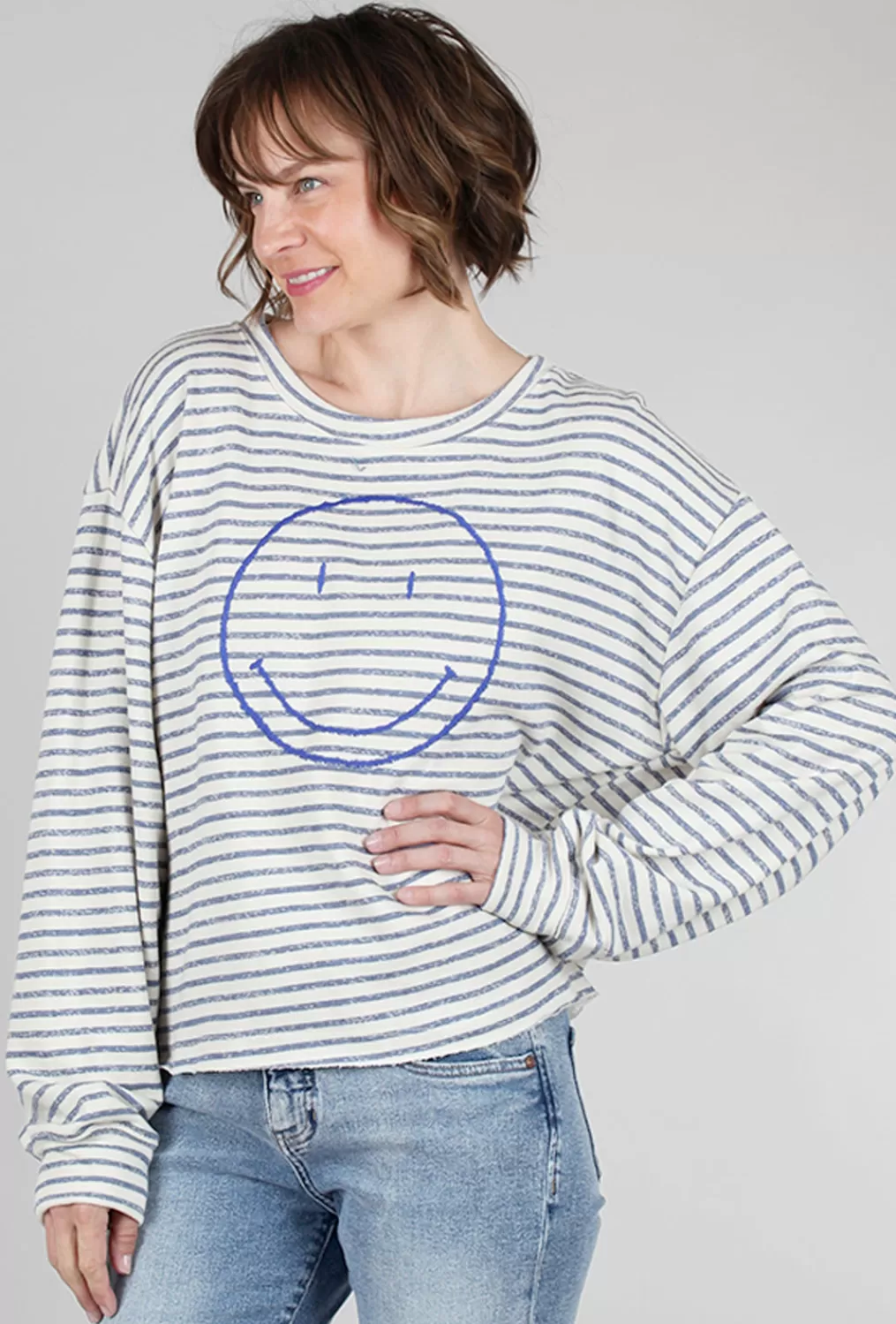 Clearance Evie Lou Smiley Stripe Sweatshirt, Ivory/Denim