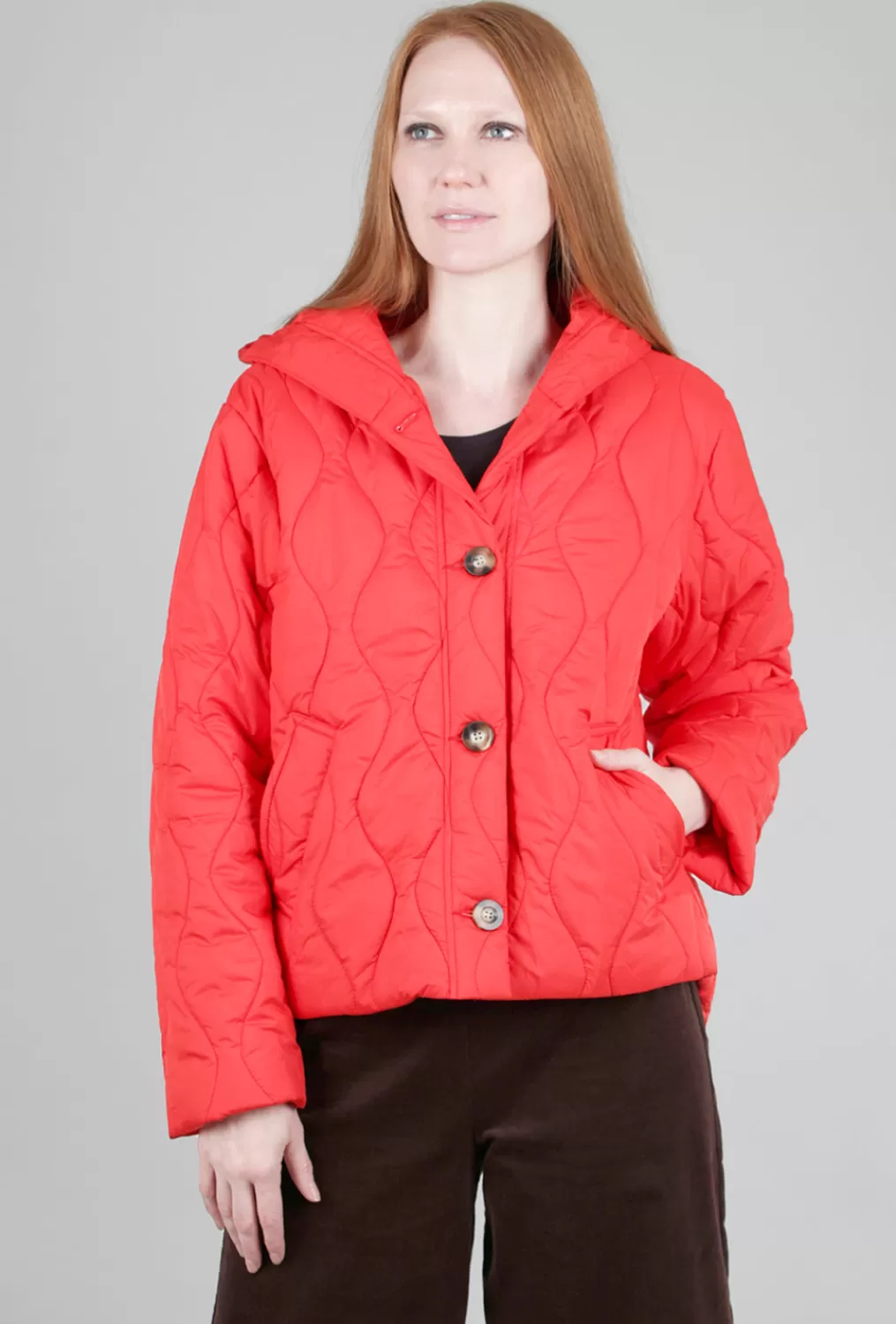 Cheap Evie Lou Snap-Front Hooded Puffer, Lava Orange