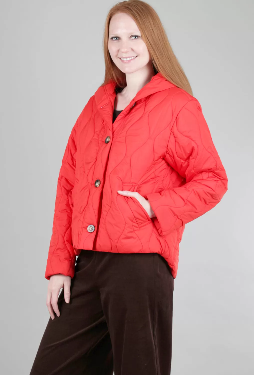 Cheap Evie Lou Snap-Front Hooded Puffer, Lava Orange