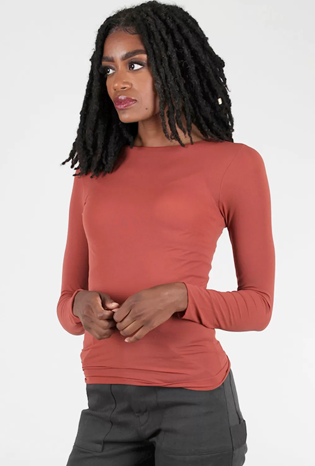 Best Evie Lou Solid Raw Edge Second Skin Top, Autumn Maple