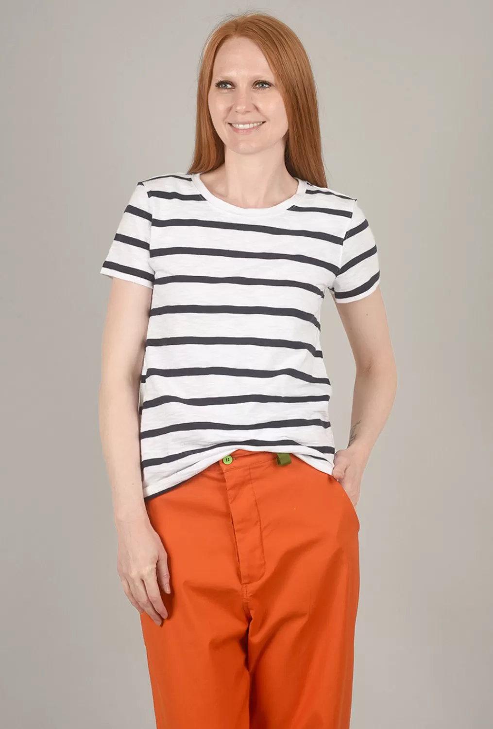 Online Evie Lou Stripe S/S Crew, White/Navy