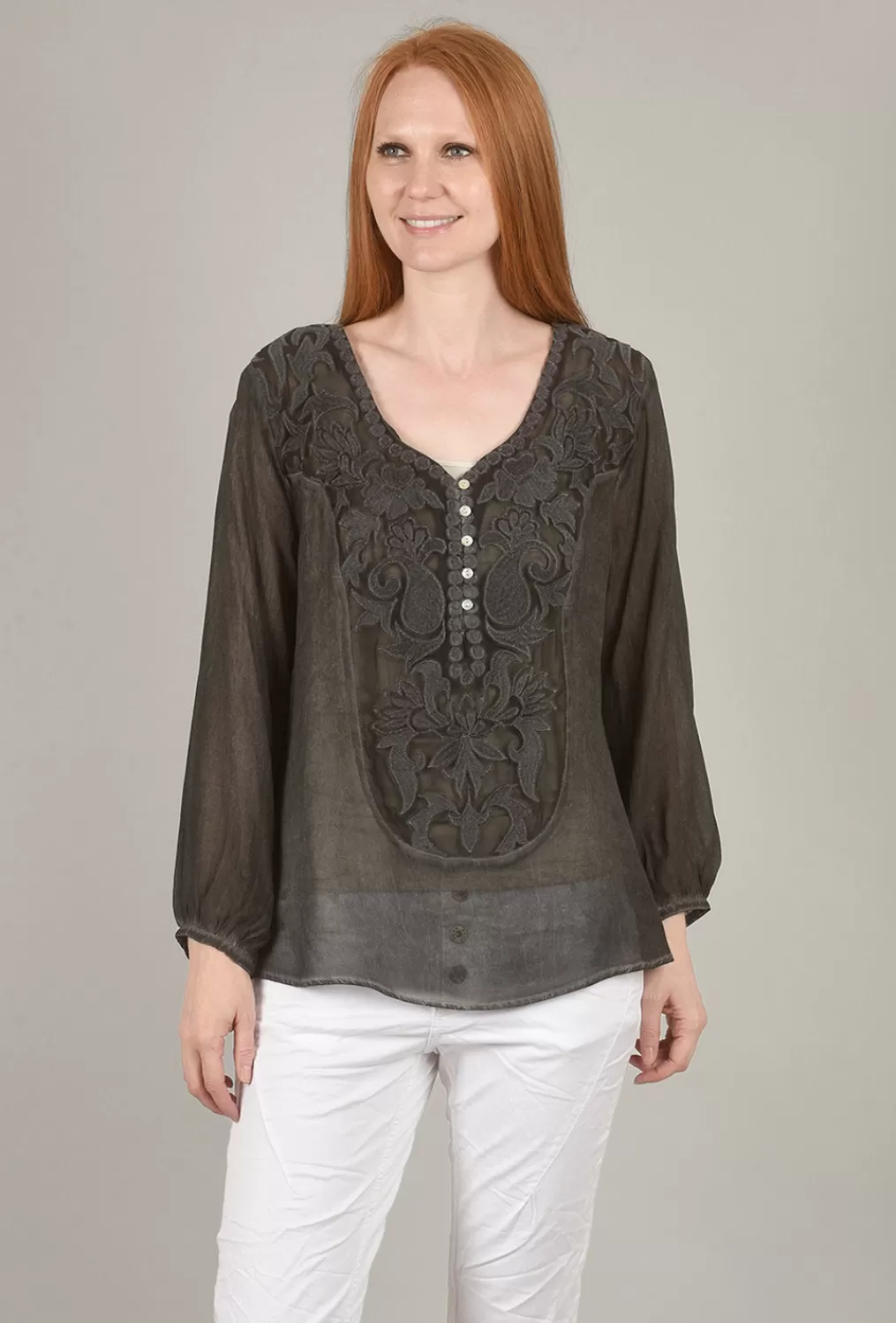 Flash Sale Evie Lou Sweetheart Scroll Blouse, Charcoal