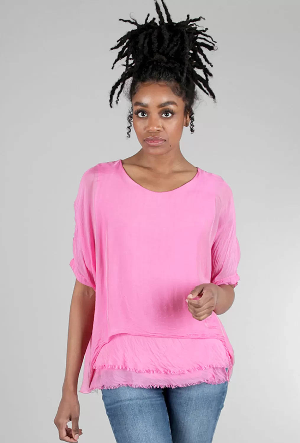 Discount Evie Lou Tattered-Trim Blouse, Hot Pink