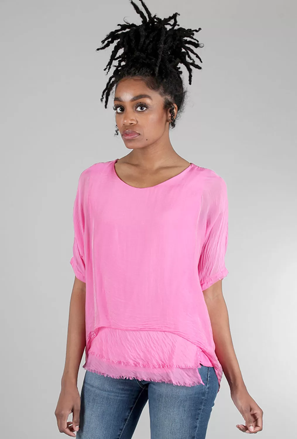 Discount Evie Lou Tattered-Trim Blouse, Hot Pink