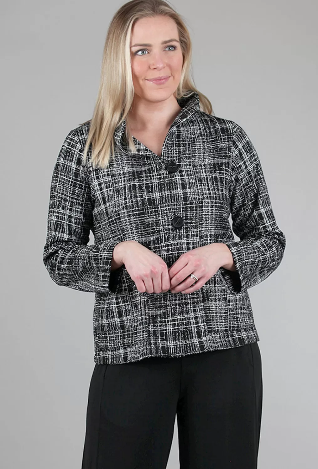 Hot Evie Lou Three-Button Tweed-Print Jacket, Black/White