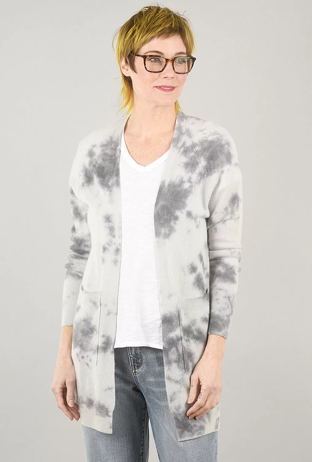 Hot Evie Lou Tie-Dye Raglan Cashmere Cardie, Platinum