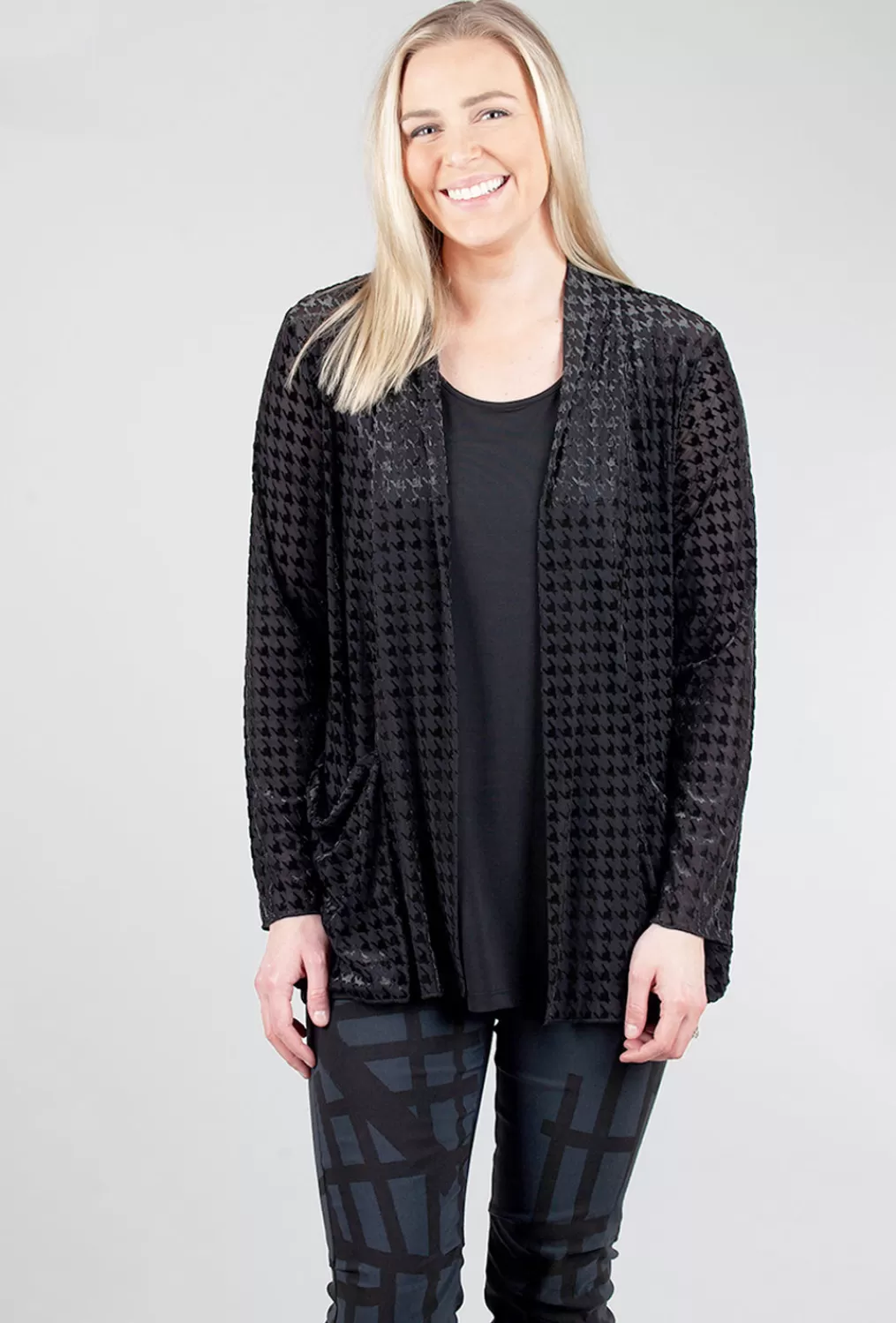 Best Evie Lou Velvet Houndstooth Mesh Cardie, Black