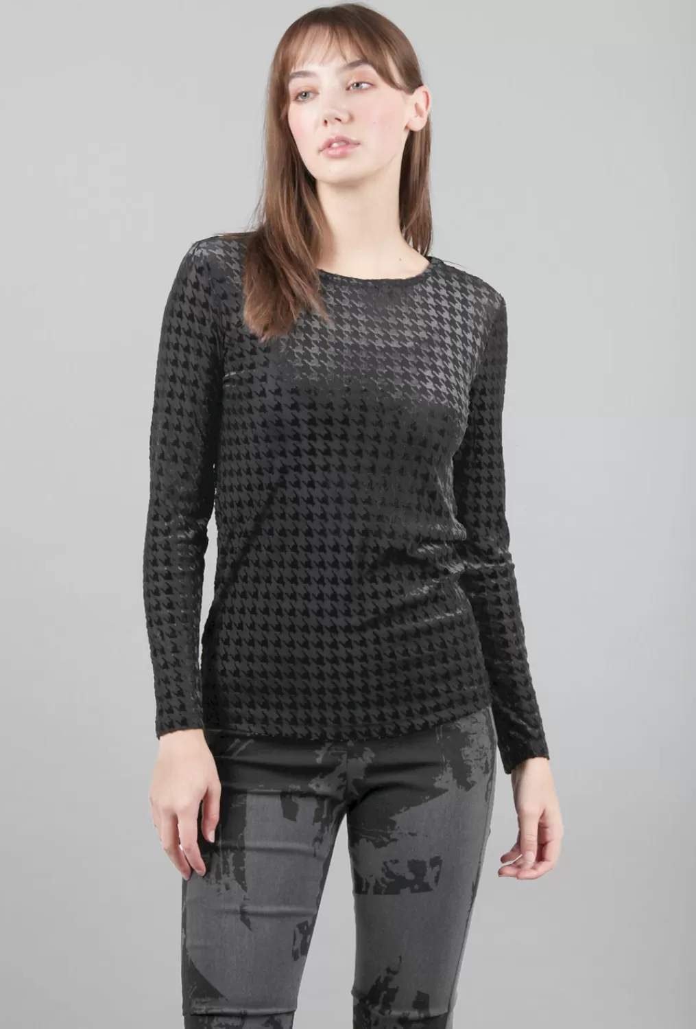 Best Evie Lou Velvet Mesh Houndstooth Tee, Black