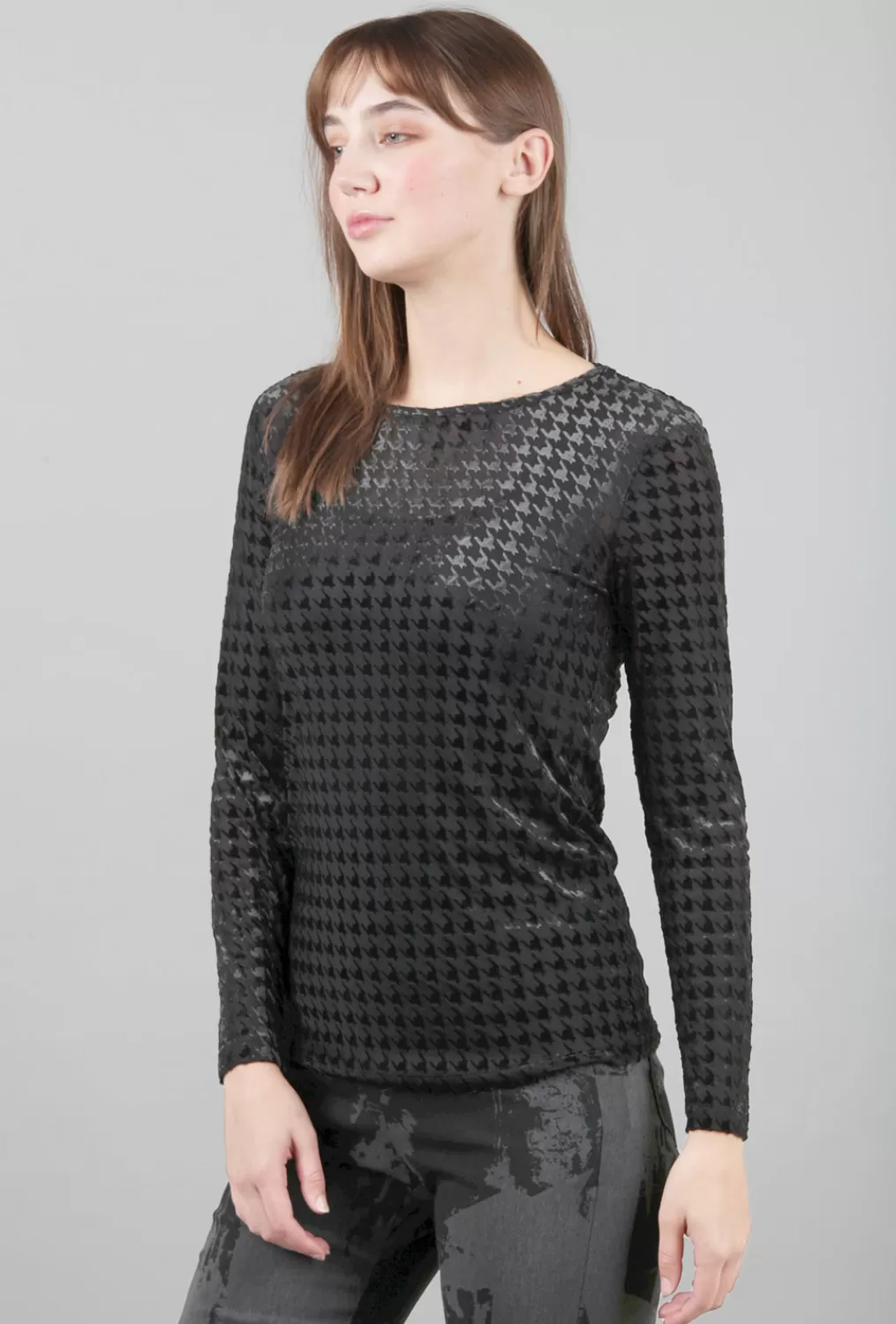 Best Evie Lou Velvet Mesh Houndstooth Tee, Black