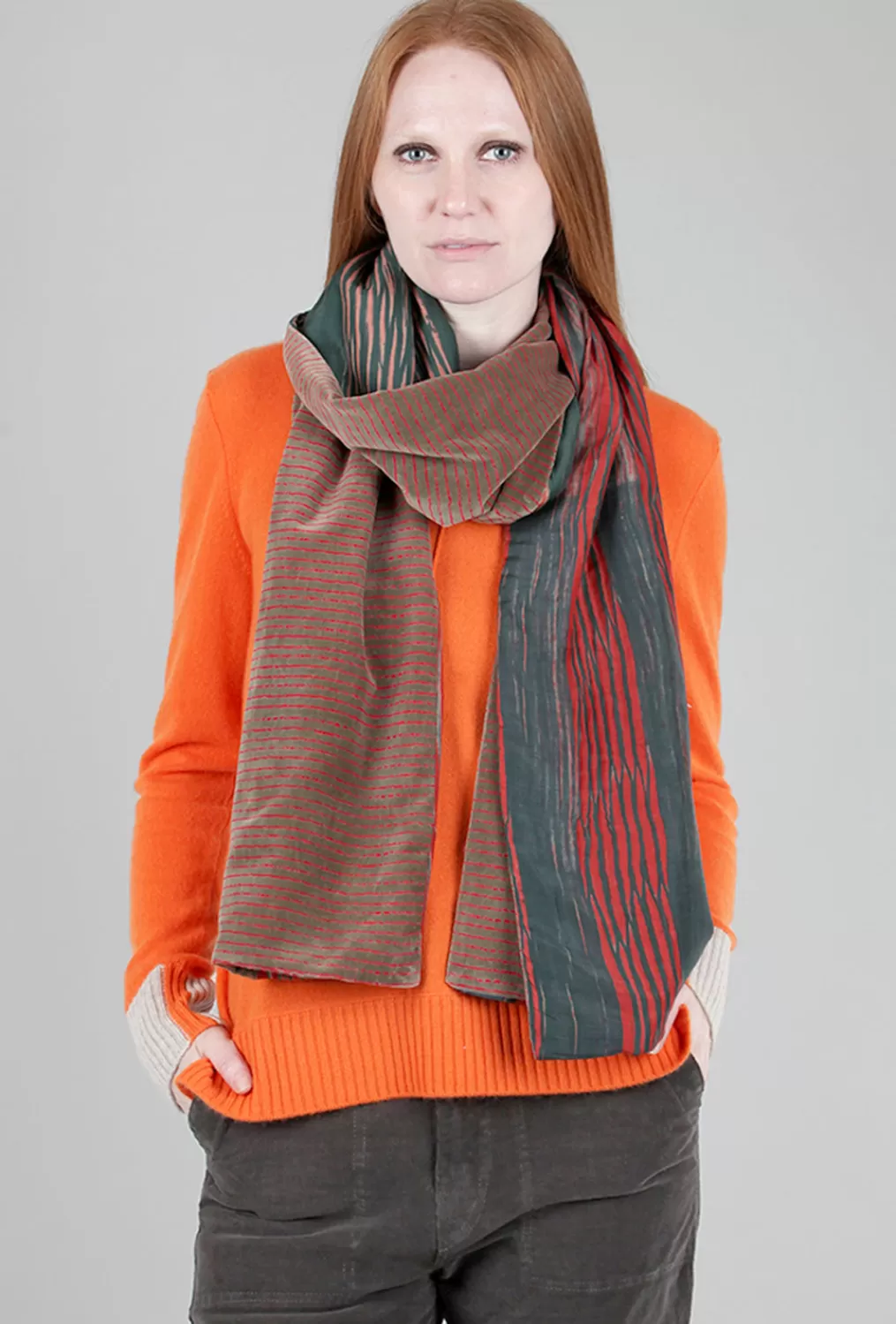 Clearance Evie Lou Velvet/Silk Scarf, Tan/Red Stripe