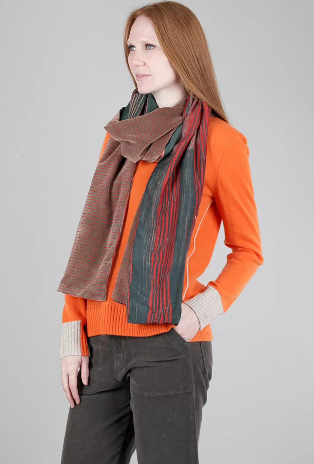 Clearance Evie Lou Velvet/Silk Scarf, Tan/Red Stripe